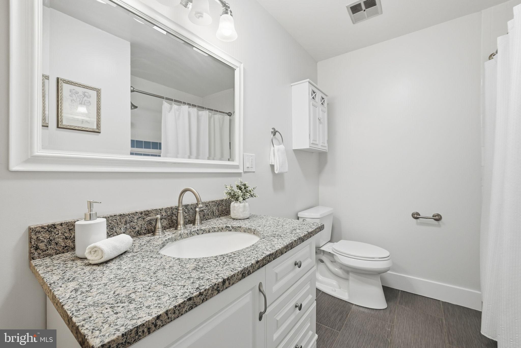 17509 Black Rock Road Germantown, MD 20874 - Photo 11 of 26 a bathroom with a granite countertop sink a toilet and a mirror