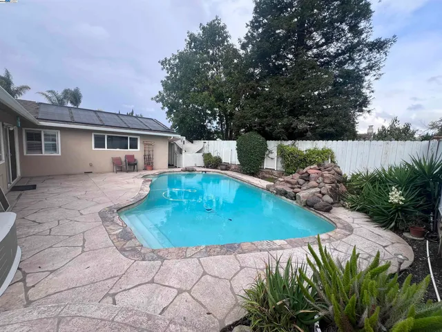 a view of a backyard with plants and a patio