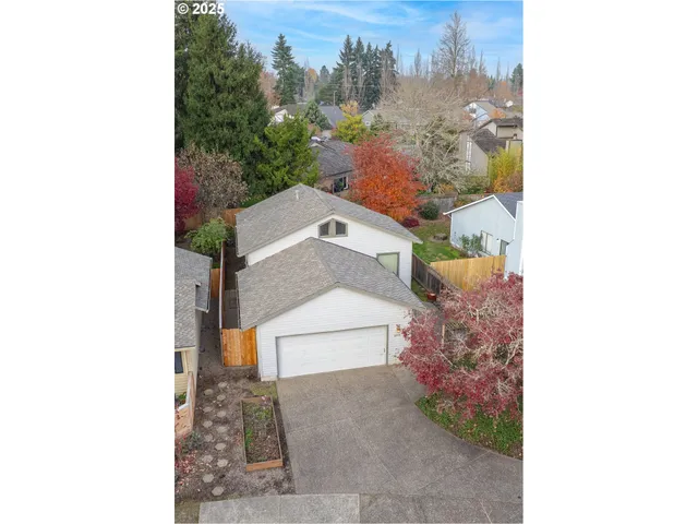 an aerial view of a house with a yard and a large tree