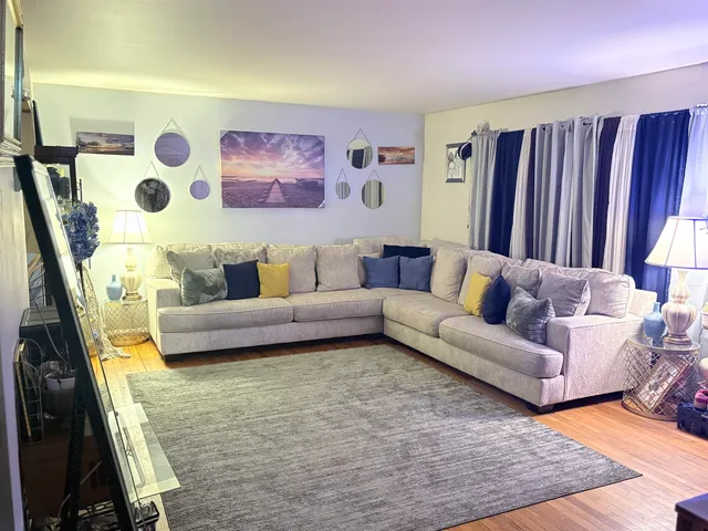 a living room with furniture and a rug