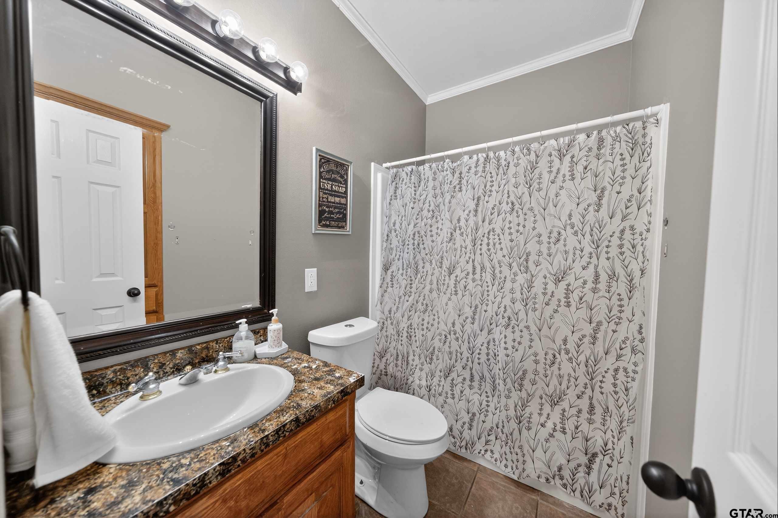 781 Highway 19 Edgewood, TX 75117 - Photo 24 of 48 a bathroom with a granite countertop toilet a sink and a mirror