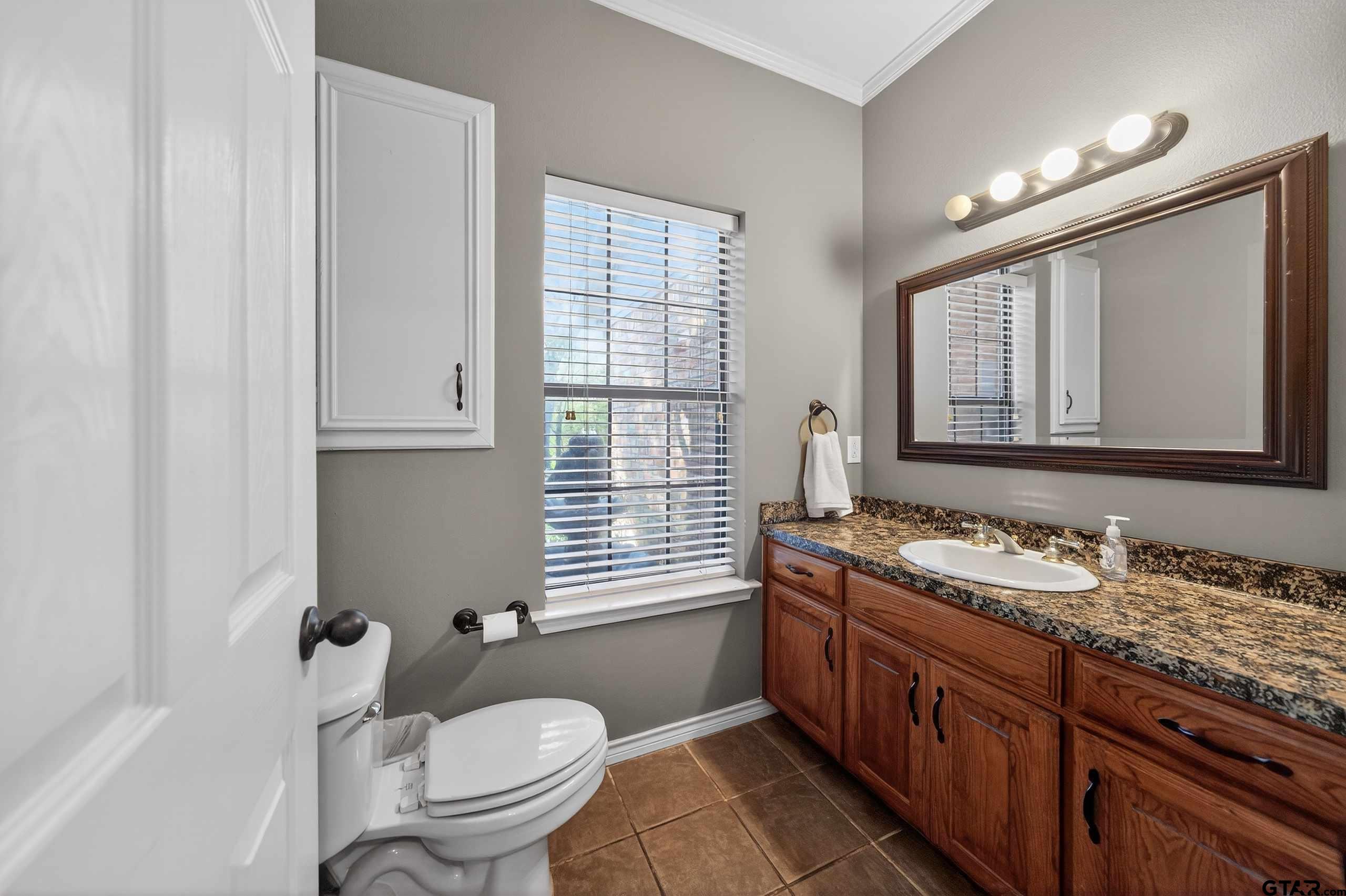 781 Highway 19 Edgewood, TX 75117 - Photo 28 of 48 a bathroom with a granite countertop toilet a sink a mirror and a window
