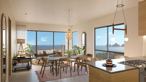 a view of a dining room with furniture window and outside view