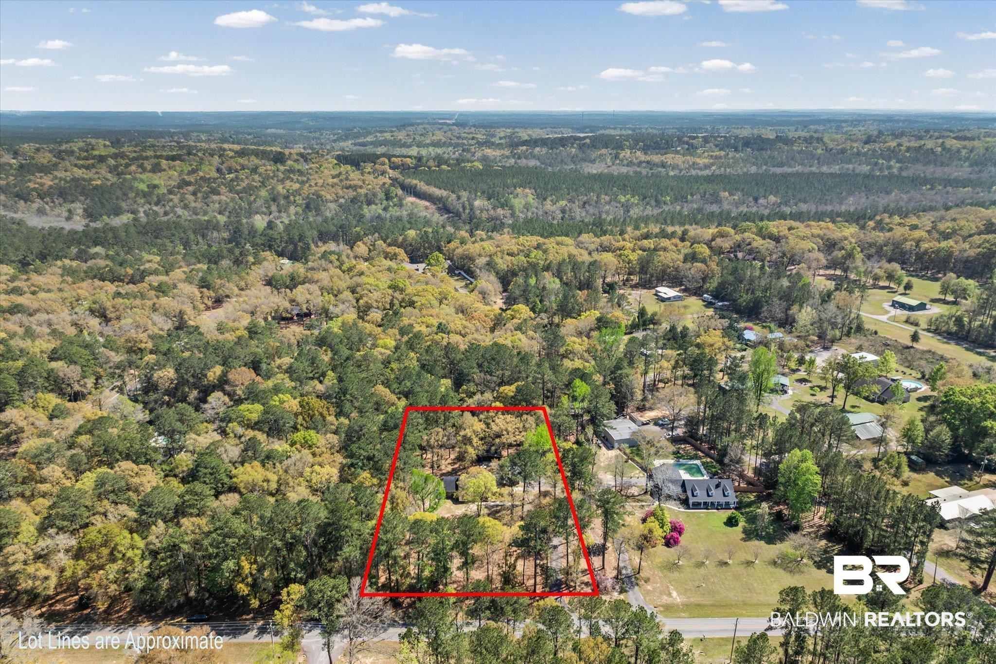 9770 Lakeview Road Bay Minette, AL 36507 - Photo 32 of 44 Aerial view of property's location with a forest and property parcel outlined