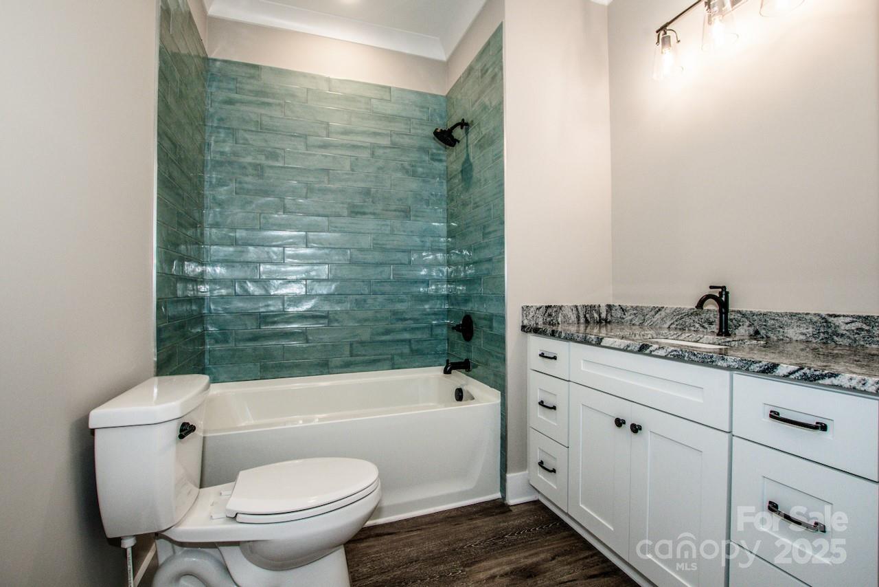 110 Emmaline Court Troutman, NC 28166 - Photo 38 of 40 a bathroom with a granite countertop toilet a sink and bathtub