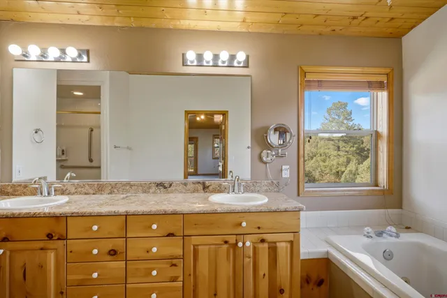 a bathroom with a granite countertop sink vanity and mirror
