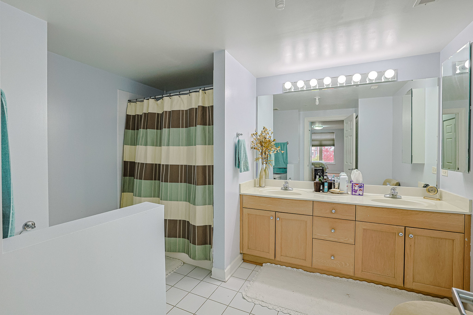 8300 Callie Avenue, Unit 311 Morton Grove, IL 60053 - Photo 16 of 21 a bathroom with a double vanity sink mirror and shower