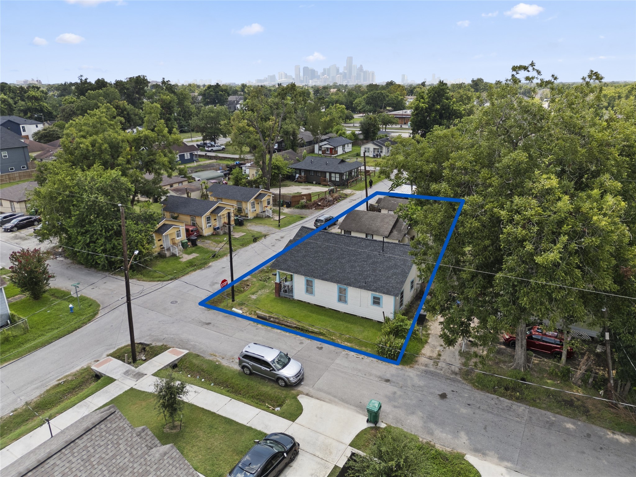 an aerial view of a house with a garden