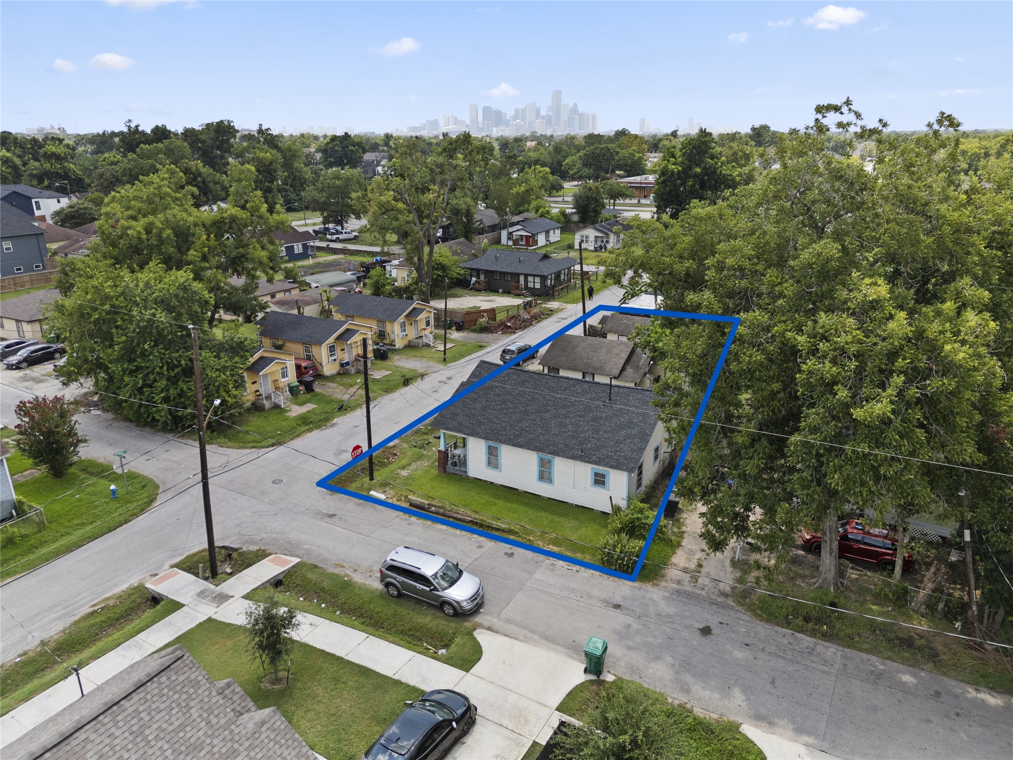 an aerial view of a house with a garden
