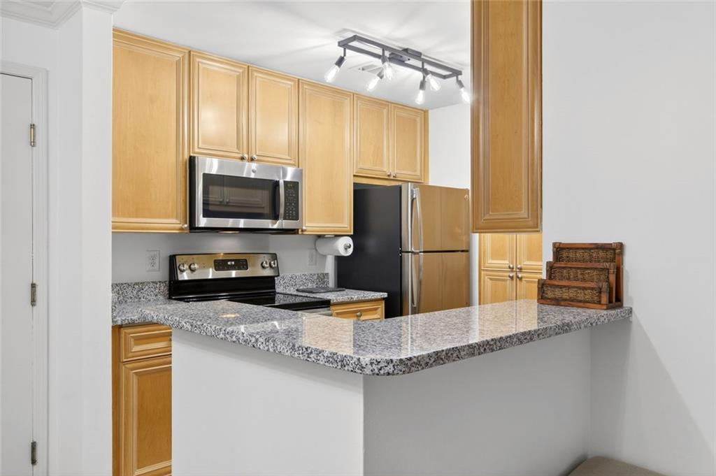 3203 Lenox Road Northeast, Unit 32 Atlanta, GA 30324 - Photo 16 of 38 a kitchen with stainless steel appliances granite countertop a refrigerator a stove and a sink with wooden floor