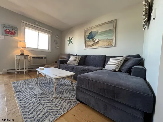 a living room with furniture a rug and a window