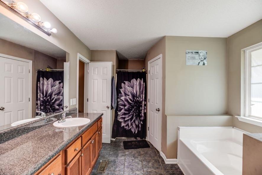 43 Mimosa Street Buchanan, GA 30113 - Photo 25 of 33 a bathroom with a granite countertop sink a bathtub and a shower