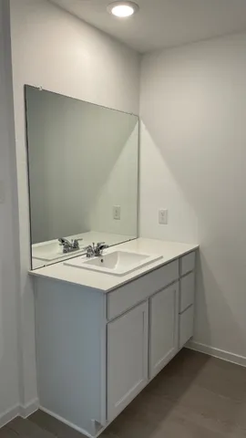 a bathroom with a sink and mirror