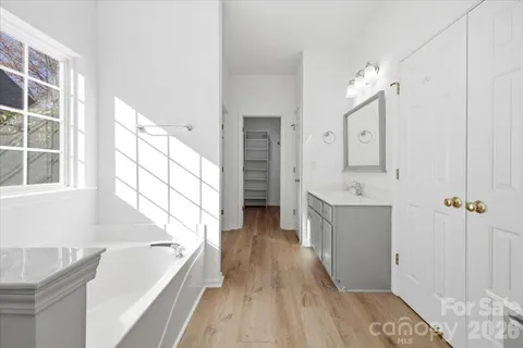 a bathroom with a bathtub a sink a vanity and a shower