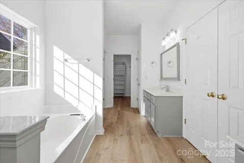 a bathroom with a bathtub a sink a vanity and a shower