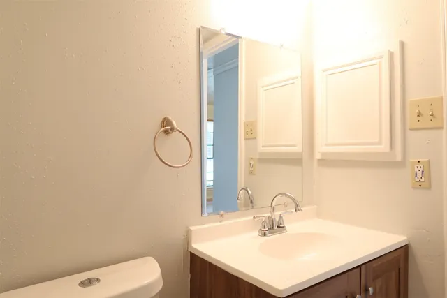 a bathroom with a sink vanity mirror and toilet