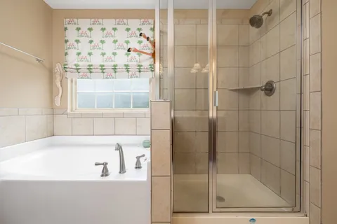 a bathroom with a bathtub and a shower