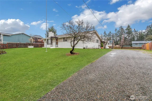 a view of a house with a big yard and a large tree