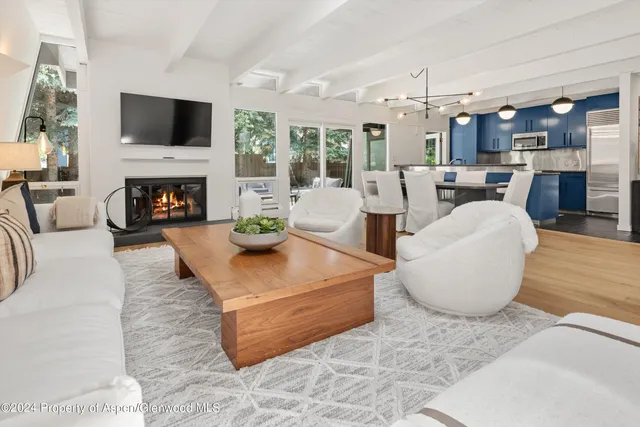 a living room with fireplace furniture and a flat screen tv