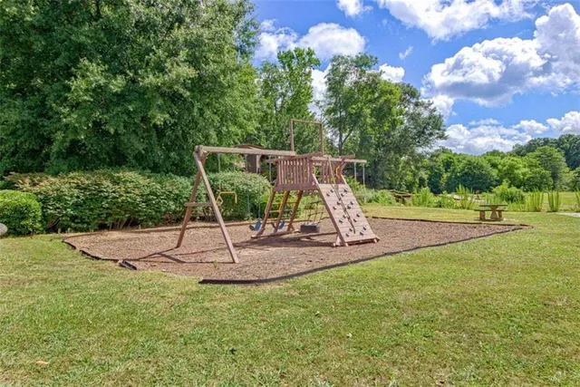 a park view with a fountain