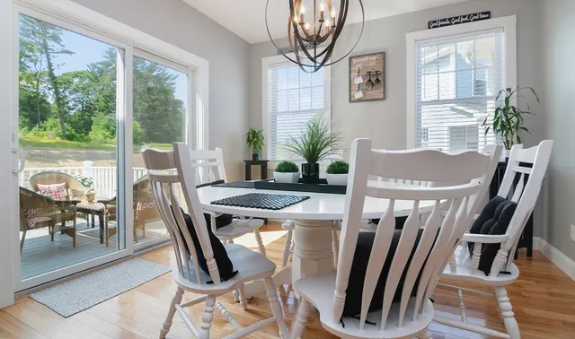 a view of a dining room with furniture window and outside view