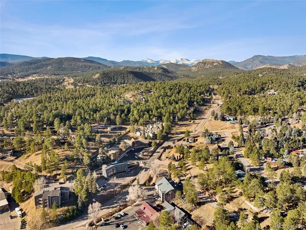 an aerial view of residential houses with outdoor space and trees