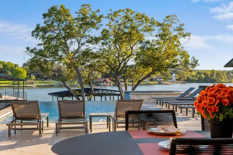 an outdoor space with seating