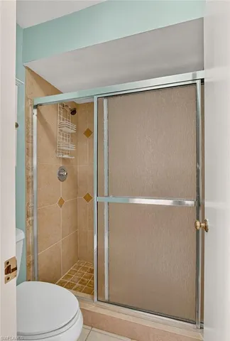 a bathroom with a shower and a toilet