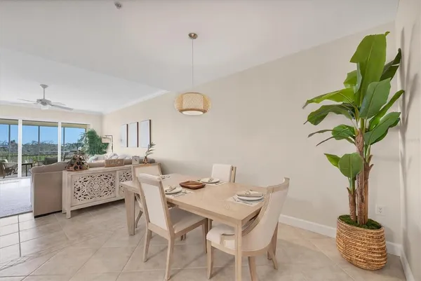 a dining room with furniture potted plants and wooden floor