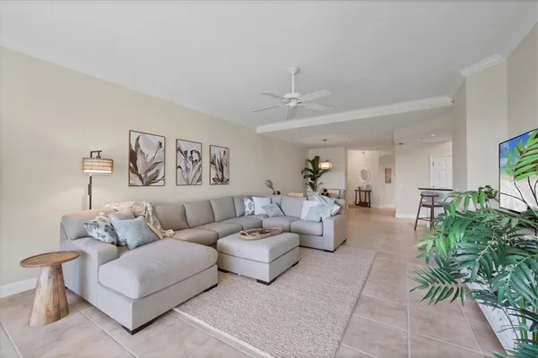 a living room with furniture and a potted plant