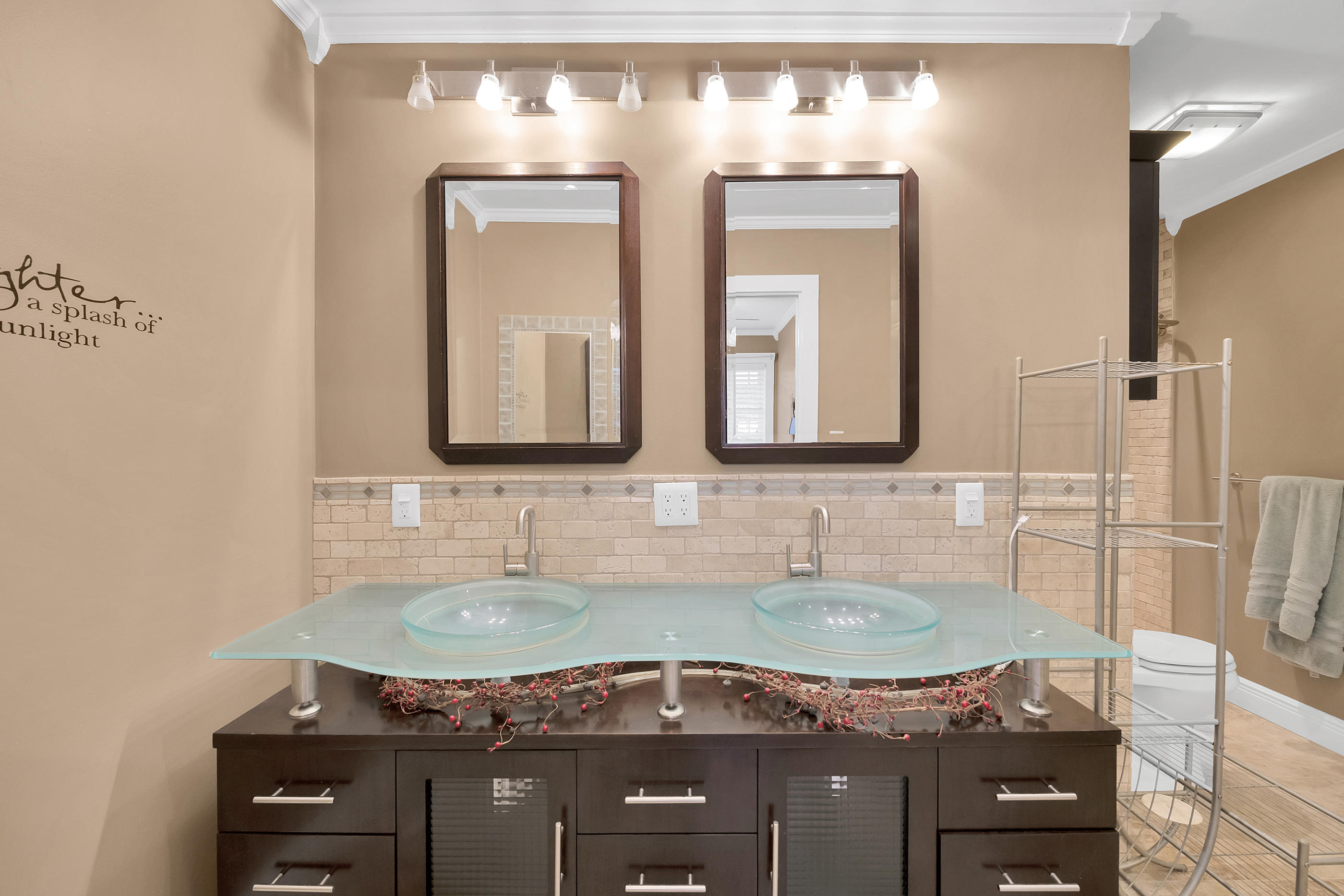 4 Roundabend Road Shalimar, FL 32579 - Photo 18 of 39 a bathroom with a granite countertop sink and a mirror