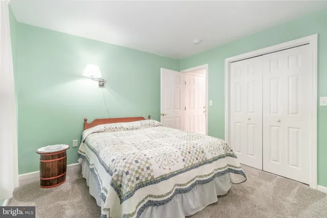 a bedroom with a bed and a closet