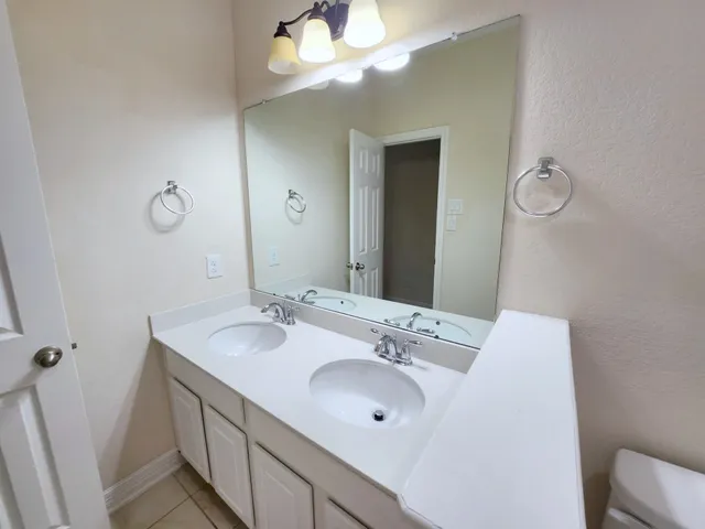 a bathroom with a sink vanity and a mirror