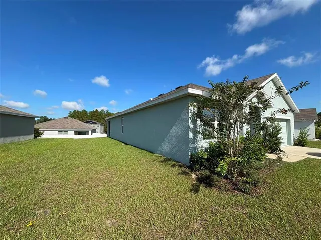 a backyard of a house with plants and tree