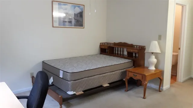 a bedroom with a bed and chair