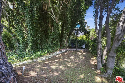 a backyard of a house with large trees and plants