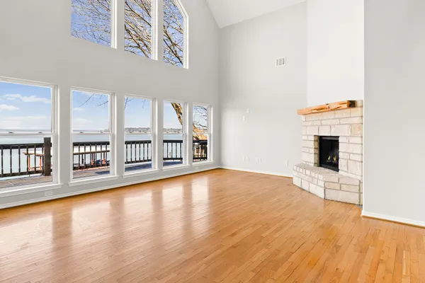 a view of a balcony with lake view