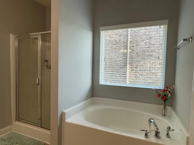 a bathroom with a bathtub and a shower