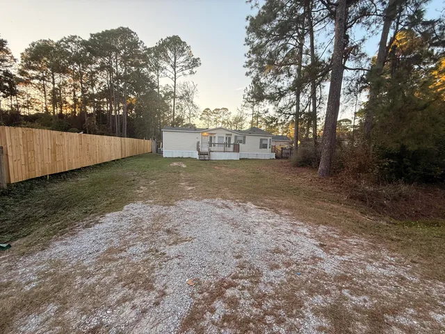 a view of a dirt yard with a large tree