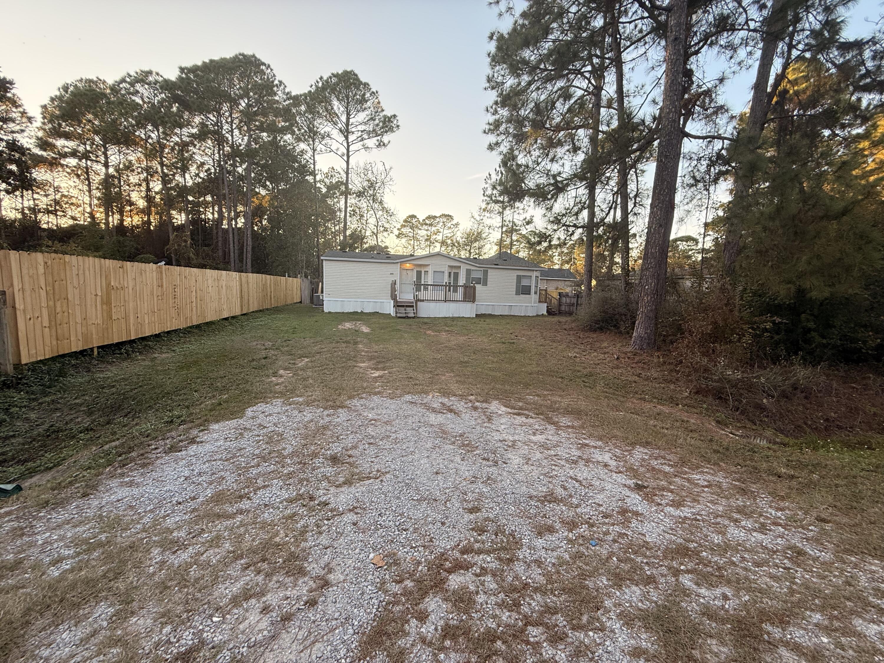 a view of a dirt yard with a large tree