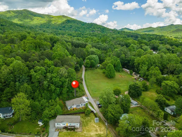 an aerial view of residential houses with outdoor space and trees