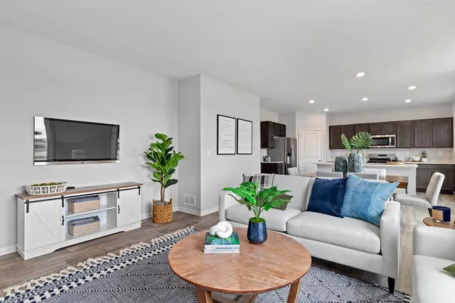 a living room with furniture potted plant and a flat screen tv