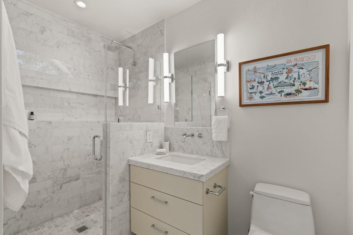 161 Eleanor Drive Woodside, CA 94062 - Photo 41 of 57 a bathroom with a shower sink vanity mirror and toilet