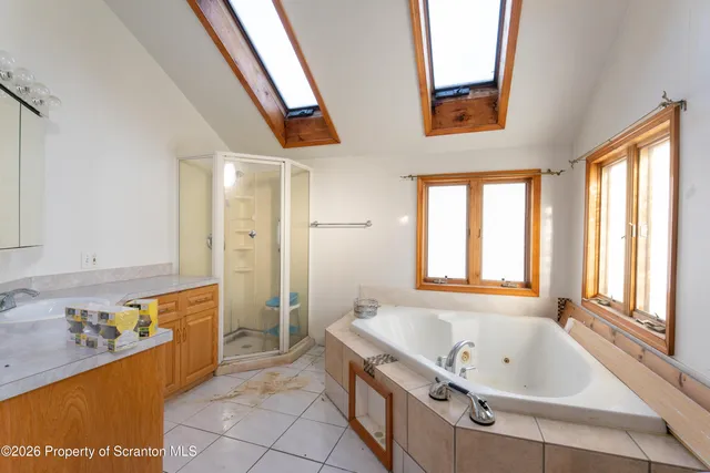 a bathroom with a tub a sink a mirror and a shower