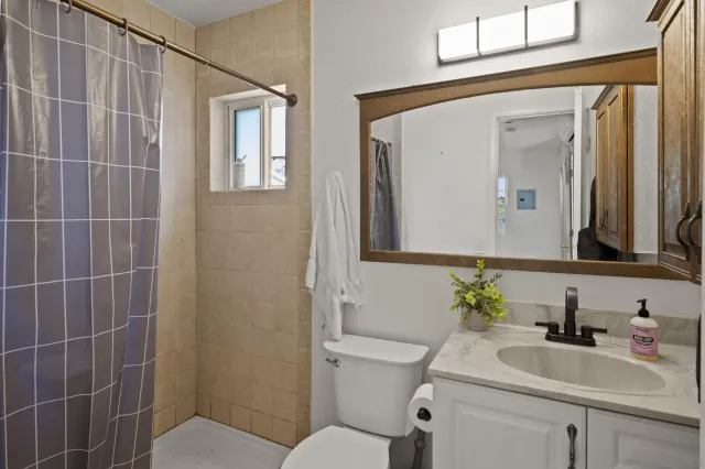 a bathroom with a sink toilet and mirror