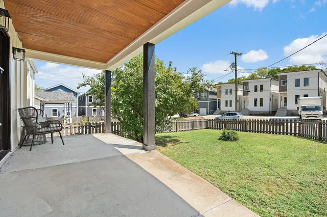 a garden view with a sitting space