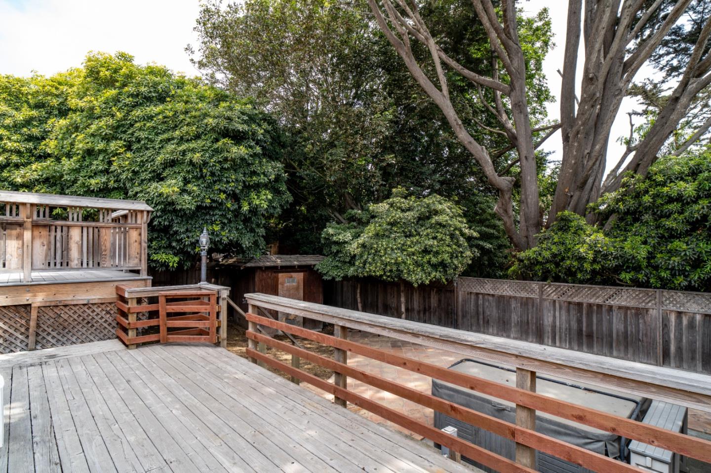 351 Lorimer Street Salinas, CA 93901 - Photo 30 of 37 a view of a wooden deck and a backyard with large trees