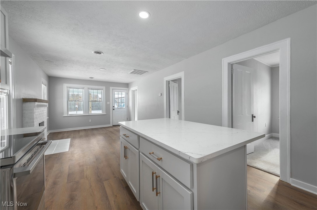 218 Roxboro Road Vermilion, OH 44089 - Photo 20 of 50 Kitchen with a center island, a textured ceiling, dark wood-style flooring, light stone countertops, and a brick fireplace