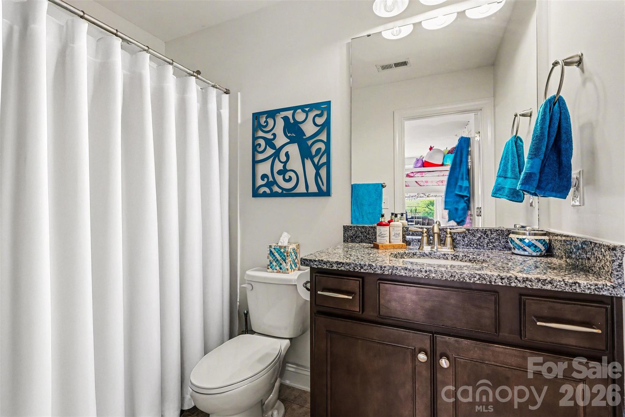 850 Coralbell Way Fort Mill, SC 29708 - Photo 32 of 44 a bathroom with a granite countertop sink vanity mirror and toilet