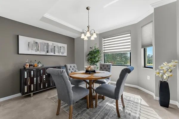 a view of a dining room with furniture window and outside view